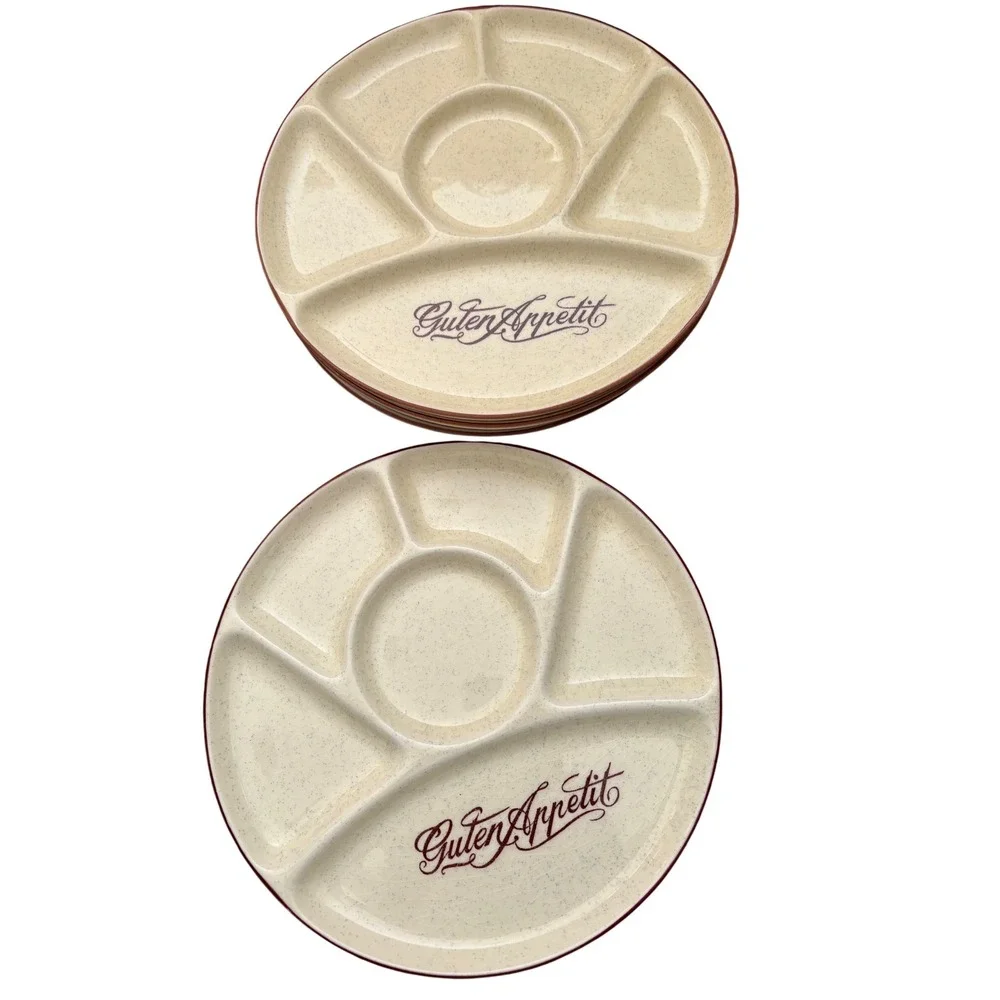 Vintage‎ Guten Appetit Divided Fondue Plates Set of 5 Speckled Ceramic 9 Inch
